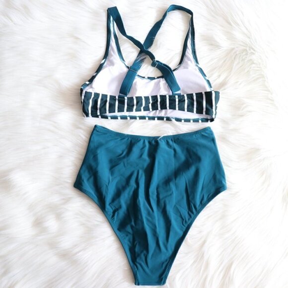 NEW Green White Stripe High Waisted Hipster Bikini Swim Set Size Small - Picture 6 of 9